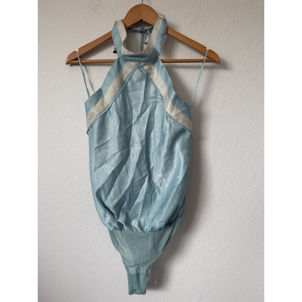 Free People 1 Thing Bodysuit Womens S Halter Snap Baby Blue Floral Scarf Print